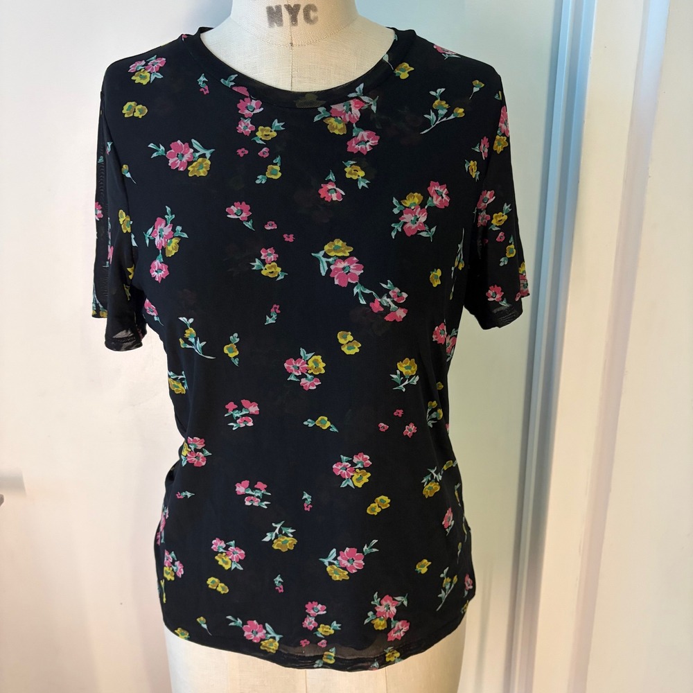 JOHNNY WAS Samantha Black Mesh Ditzy Floral Whimsigoth Top Size Medium